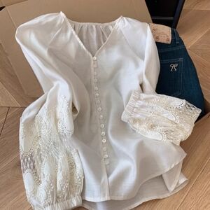 White Lace Sleeve V Neck Blouse